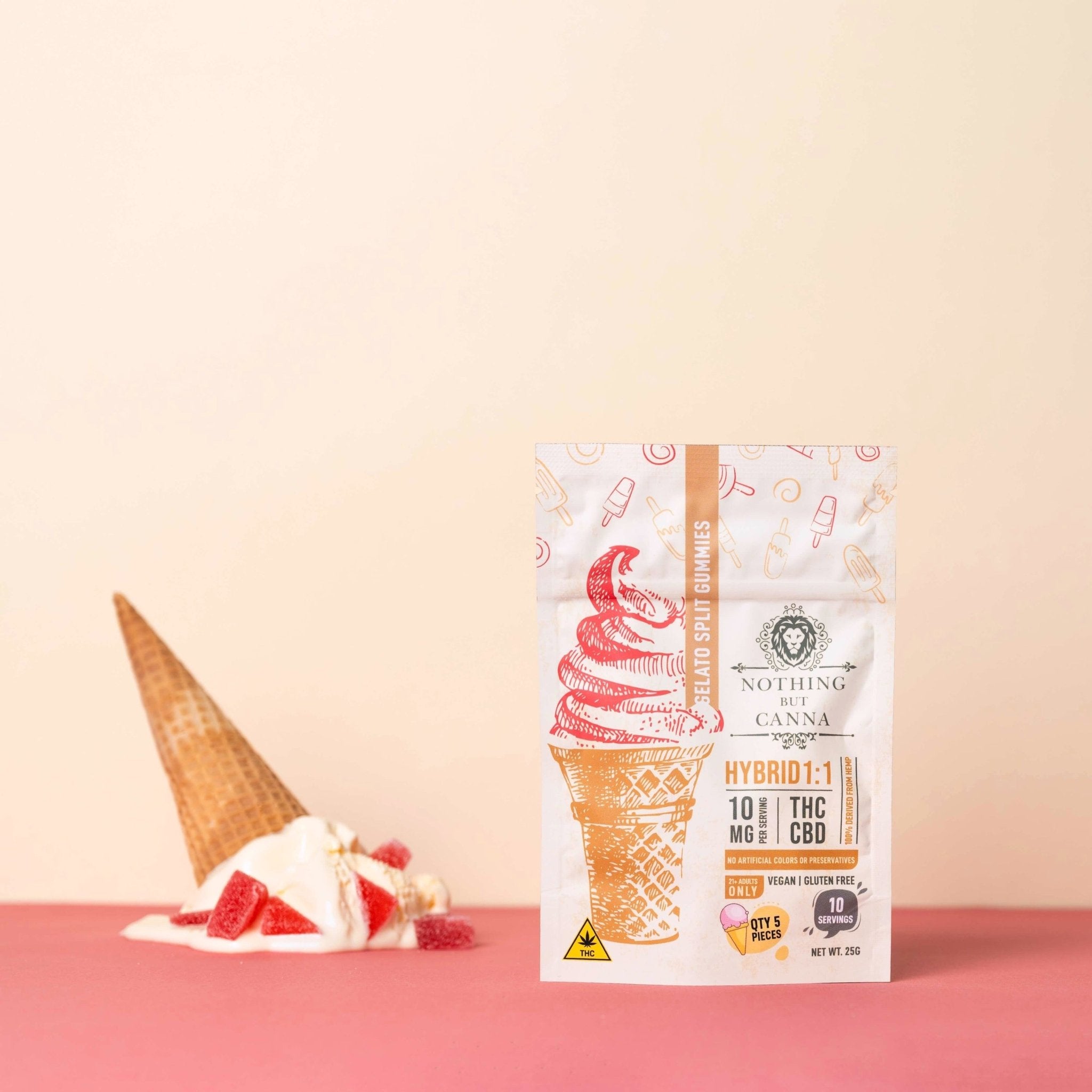 Nothing But Hemp Gelato THC and CBD hybrid gummies package placed beside an upside down ice cream cone on coral background with vanilla ice cream side down and gummies styled nearby for a playful product scene